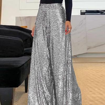 Свободные широкие брюки с пайетками, женские однотонные прямые брюки с высокой талией, модные для поездок на работу