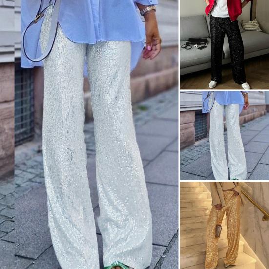 Женские брюки средней посадки однотонные с блестящими пайетками повседневные брюки широкие штанины сценические танцевальные брюки одежда для вечеринки в ночном клубе