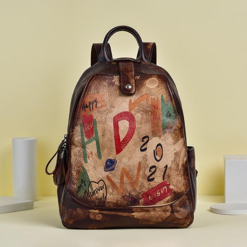 Johnature Retro Genuine Leather Women Bag Hand Painted Backpack First Layer Cowhide Casual Travel Bags