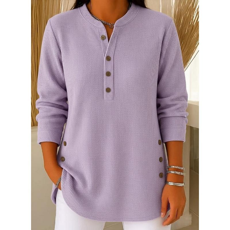 Женская ребристая вязаная футболка-henley с длинным рукавом, свободная туника с боковыми пуговицами