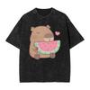 Oversized Washed T Shirt Cute Capybara Eating Watermelon Cotton T Shirts Fashion for Couple Beach Retro Casual Top Tees