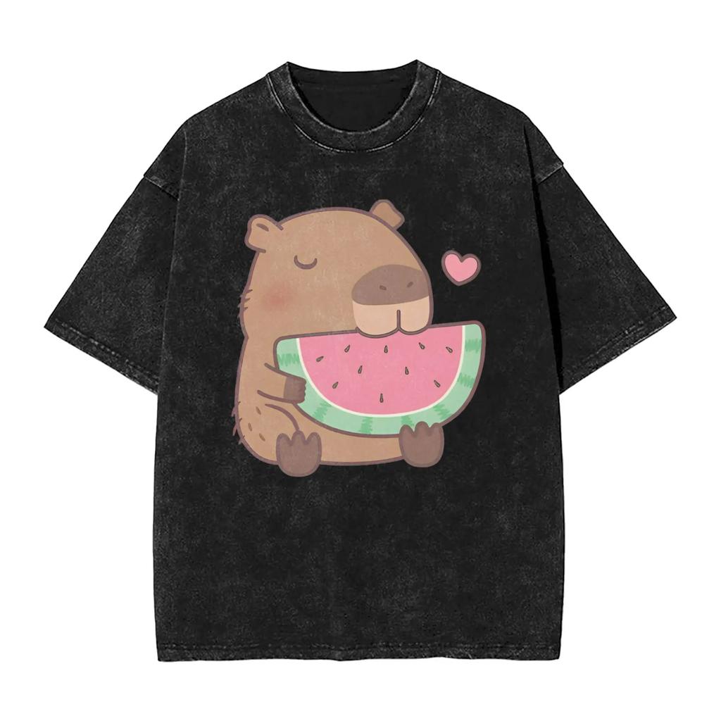 Oversized Washed T Shirt Cute Capybara Eating Watermelon Cotton T Shirts  Fashion for Couple Beach Retro Casual Top Tees