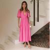 Women Spring Solid Color Short Puff Sleeve Dress Summer Casual V-Neck High Waist Ankle-Length Dresses S-XL