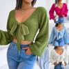 Autumn/Winter Fashion Bow-Tie V-Neck Bell-Sleeve Cropped Sweater for Women