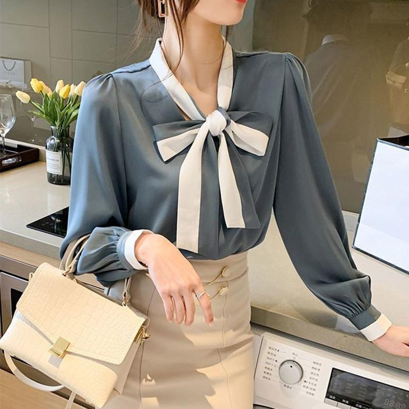 Женская рубашка с бантом, рубашка с длинным рукавом, маленькая шифоновая рубашка весной и осенью с дизайном