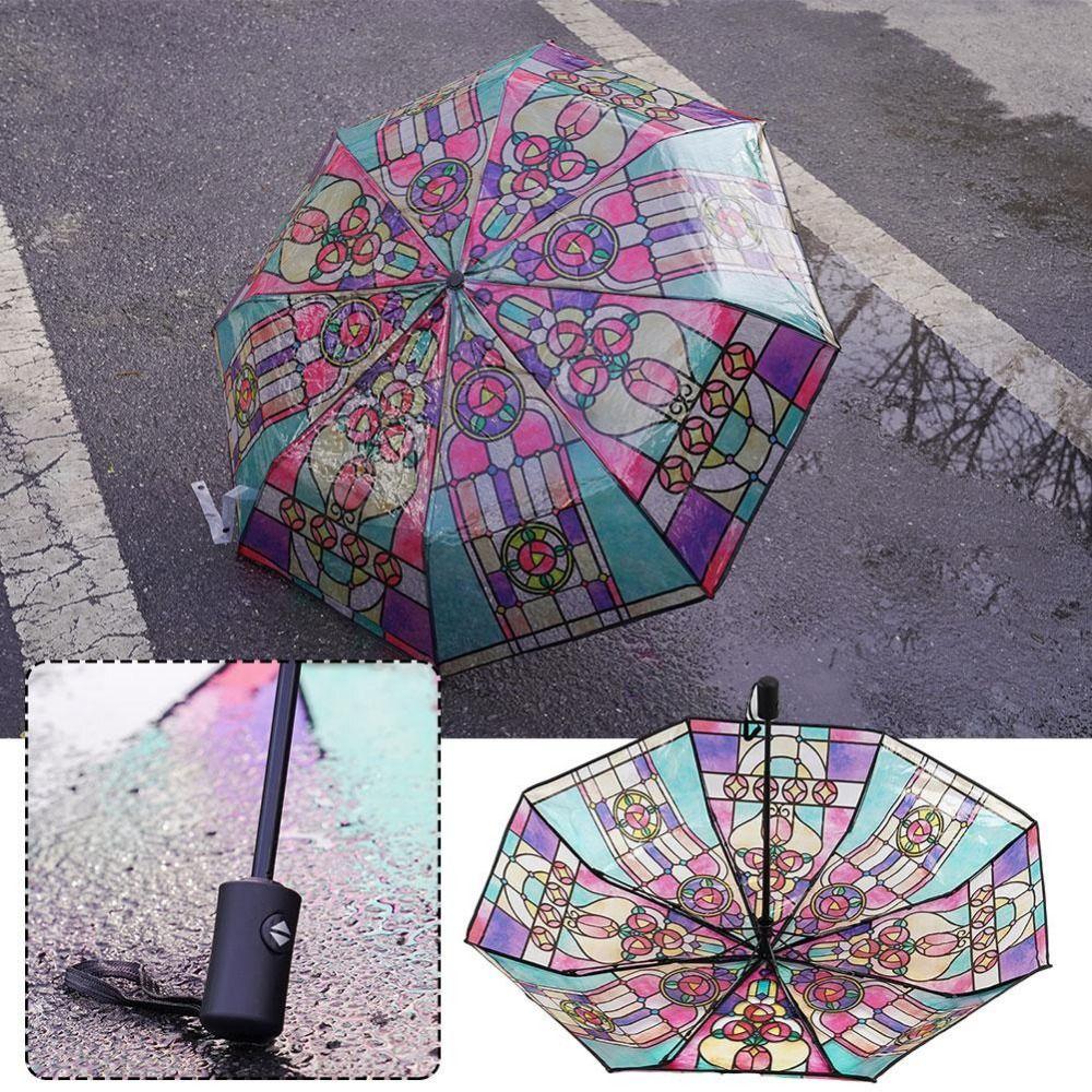Hand-Painted Design Transparent Umbrella Stained Glass Print Automatic Umbrella  Rain Protection