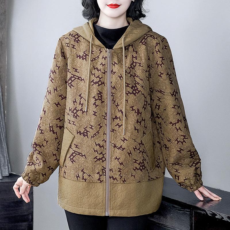 Plus Size Loose Print Hooded Sweatshirt for Mature Middle-Aged Women 2025 Spring/Summer Collection