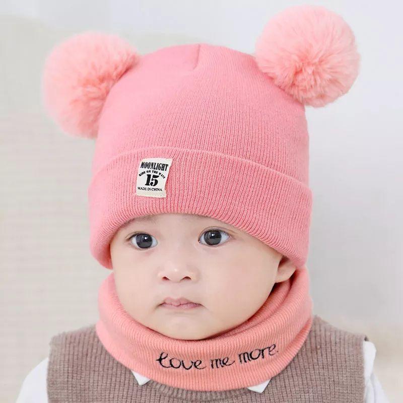 Winter Warm Baby Knitted Hats with Scarf Kids Knit Beanie Hats Solid Color Children's Hat for Toddler Boys Girls Accessories