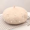 Women Beret Faux Pearl Rhinestone Decor Vintage English Style Woolen Hat No