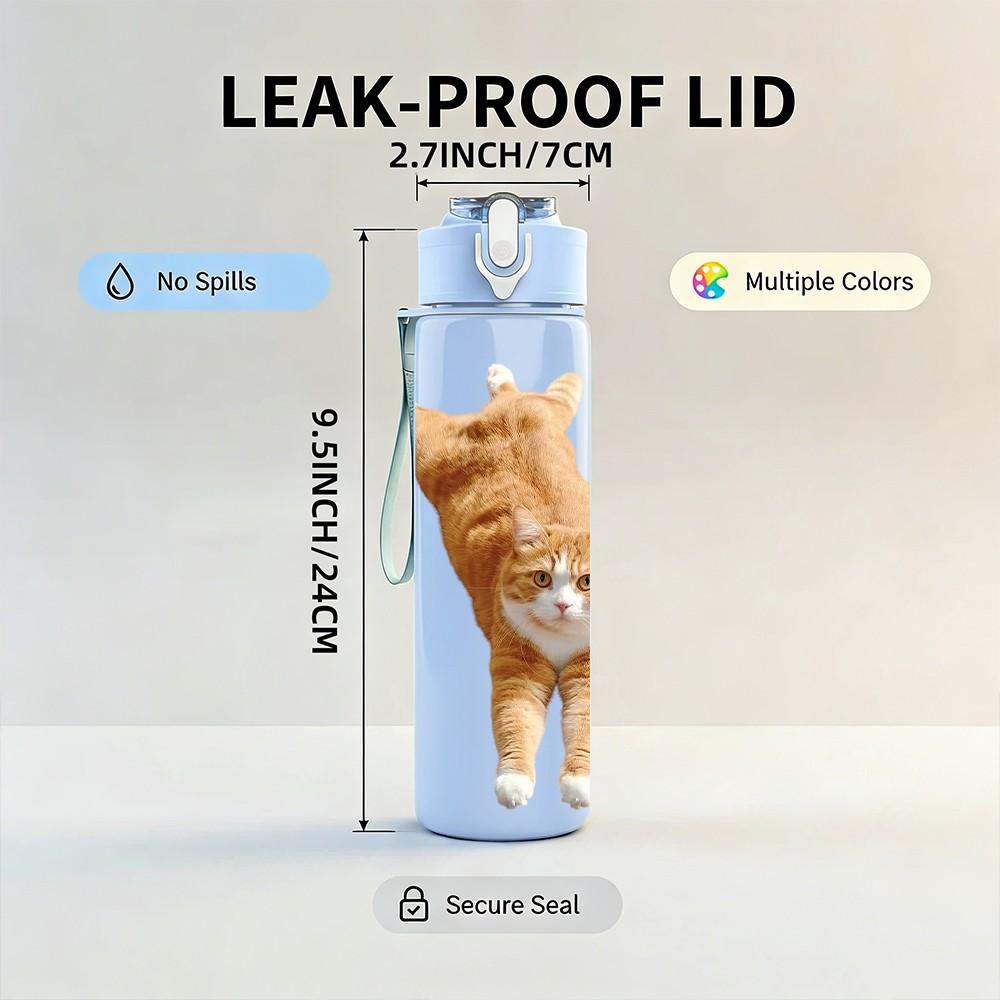 1PC Orange Cat Jumping Action Print 750ml Color Plastic Sports Water Bottle Leakproof Flip Straw Lid Suitable for Sports Office Home Use