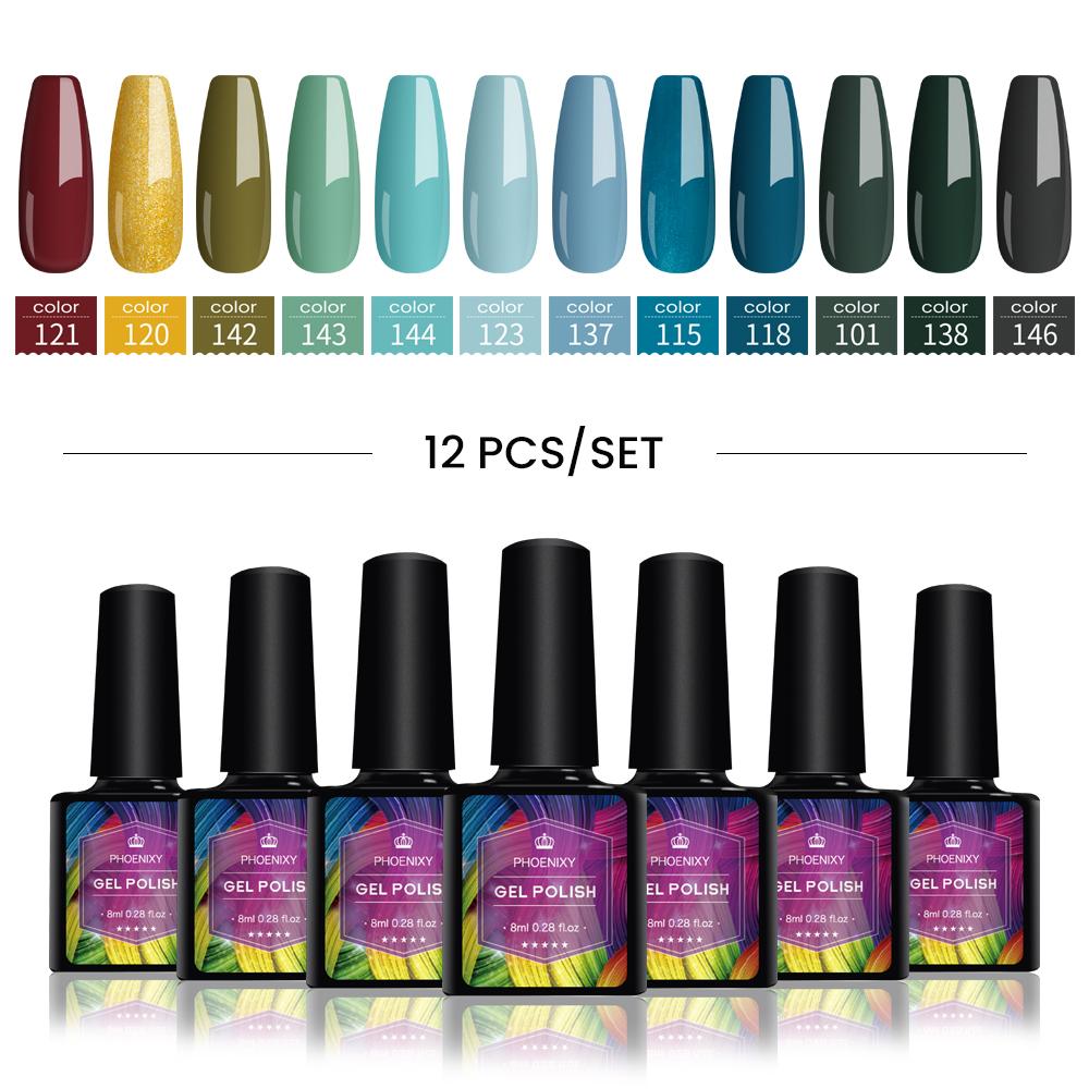 PHOENIXY Набор гель-лаков для ногтей, 12 цветов, набор геля для замачивания с чистым цветом для дизайна ногтей, стартовый набор для начинающих, сделай сам, дома