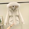 Pie Overcome Women's Winter Big Fur Collar Loose Hooded Drawstring Plush Thickened Pie Skinny Jacket Women