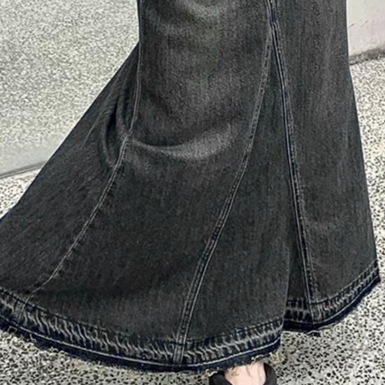 Women Skirt A-line Big Swing Denim Retro Pockets Patchwork Solid Color High Waist Button Zipper Closure Ankle Length Ripped Edge Lady Maxi Skirt