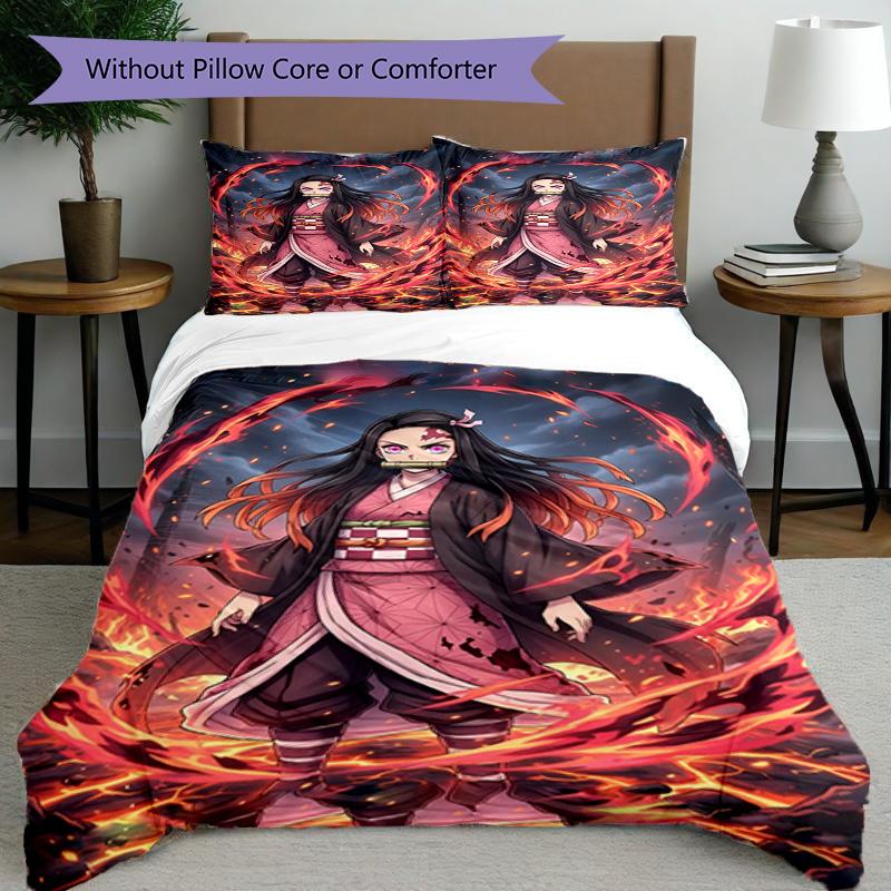 3pcs Duvet Cover Set (1*Duvet Cover + 2*Pillowcase, Without Core), Demon Slayer Print Bedding Set, Bedroom Decor, All‑Season, Birthday Gift