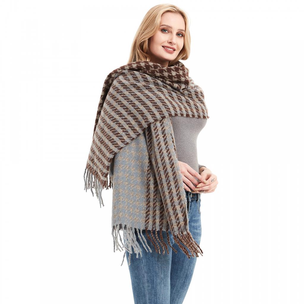 Autumn Winter Scarf Brown Houndstooth Scarf Women's Tassel Shawl
