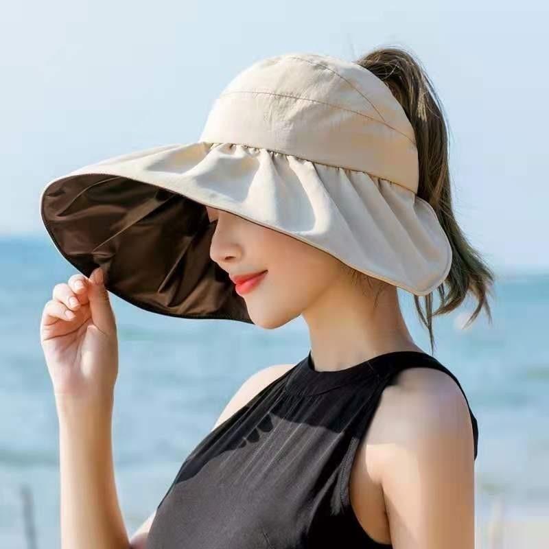 Fisherman Hat for Women Summer Korean Version Double-sided Vinyl Face-covering Hat Large Brim Sun Protection Empty Top Hat with Rope Sun Visor
