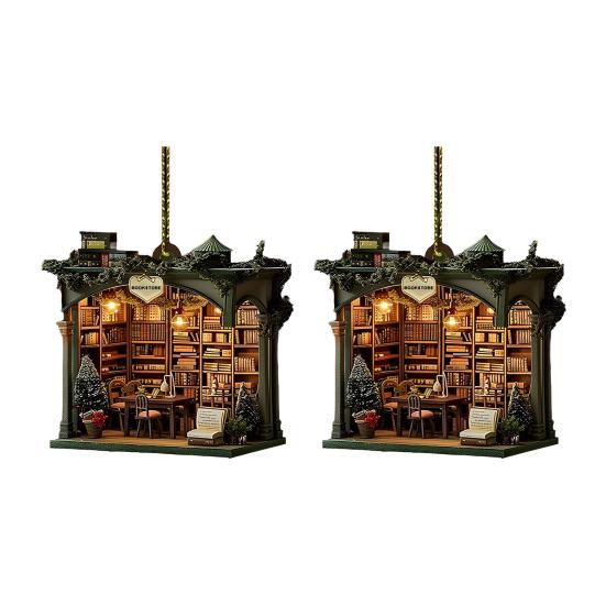 1Pc/2Pcs Christmas Bookstore Ornament Acrylic 2D Flat Book Store Ornament Xmas Tree Hanging Decoration for Book Lovers
