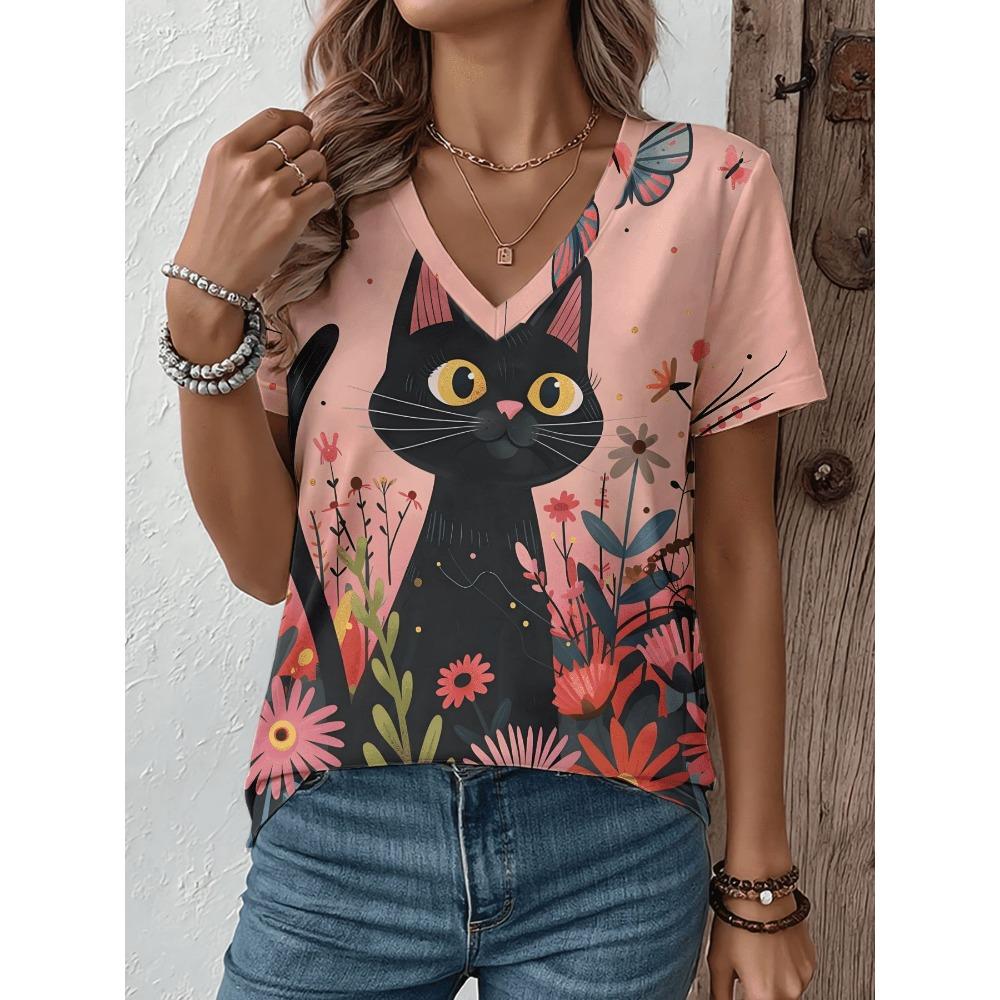 Women's V-neck short sleeved T-shirt cartoon cat print T-shirt