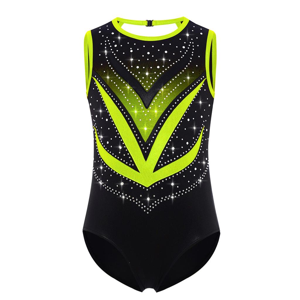 Девочки Танцевальный Купальник Металлик Контрастный Цвет Сетчатая Вставка Пэчворк Без Рукавов Перекрещенная Спинка Вырез Стразы Боди