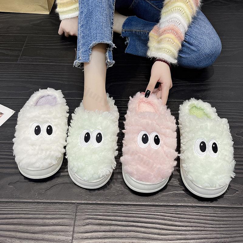 Модные хлопковые тапочки для женщин Новые 2024 Осень Зима Домашние Нескользящие Домашние Теплые Домашние Слайды Женские Милые Плюшевые Тапочки с Мехом с Большими Глазами