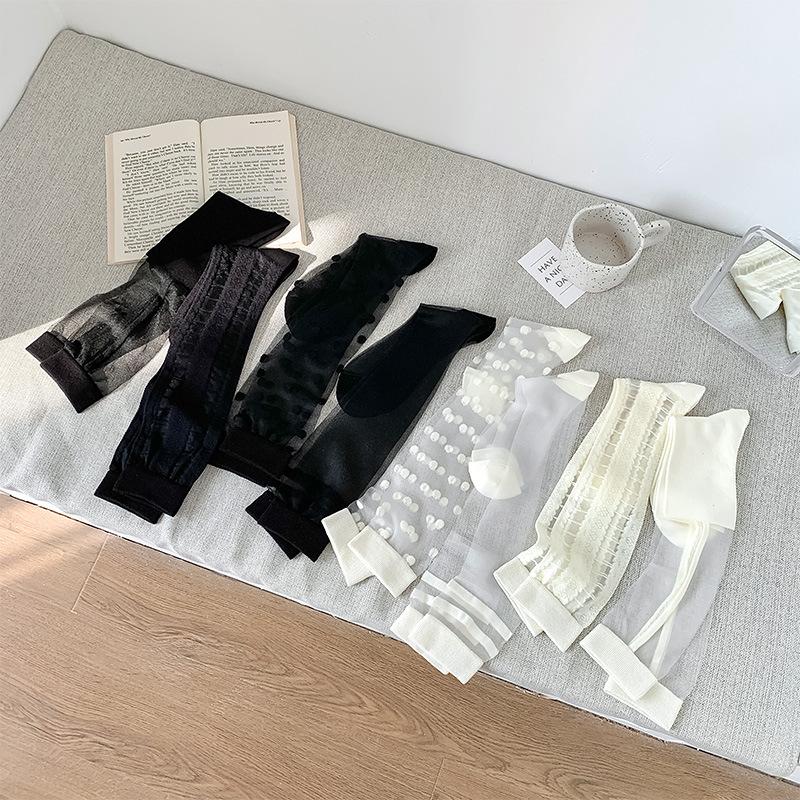 Шелковые носки с кристаллами, женские чулки, летние ультратонкие прозрачные гольфы в горошек JK для девочек, черные, белые длинные носки, чулки