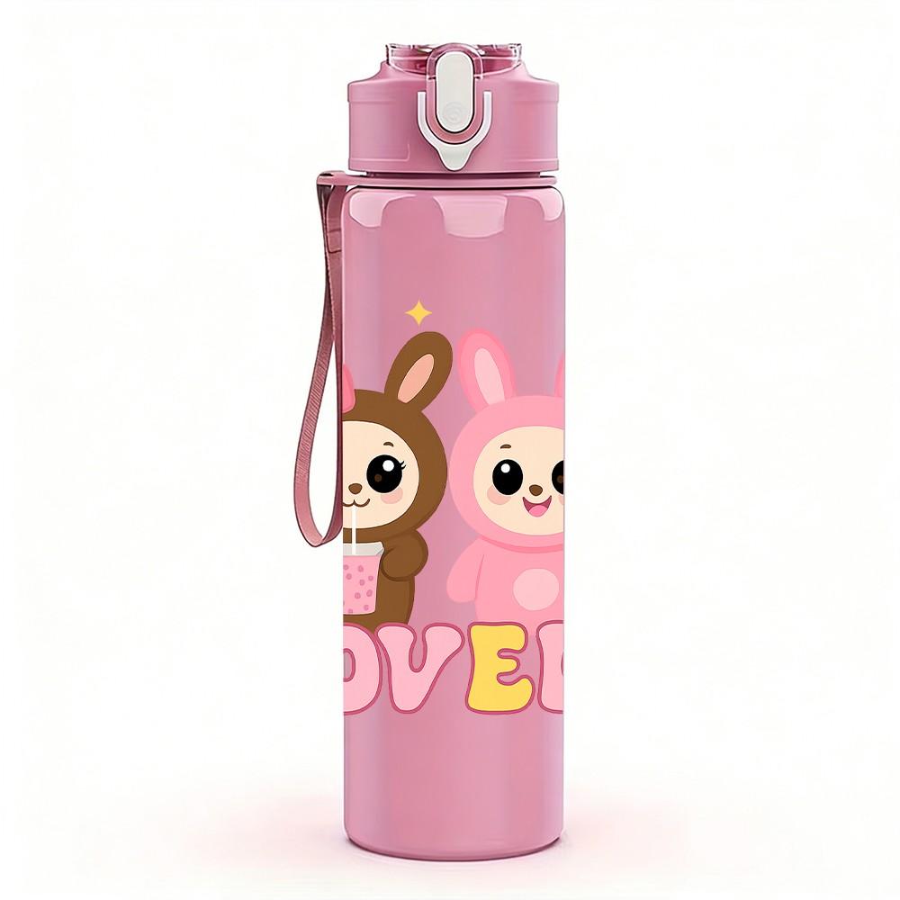 1PC Bunny Lovely Letter 750ml Color Plastic Sports Water Bottle Leakproof Flip Straw Lid Suitable for Sports Office Home Use