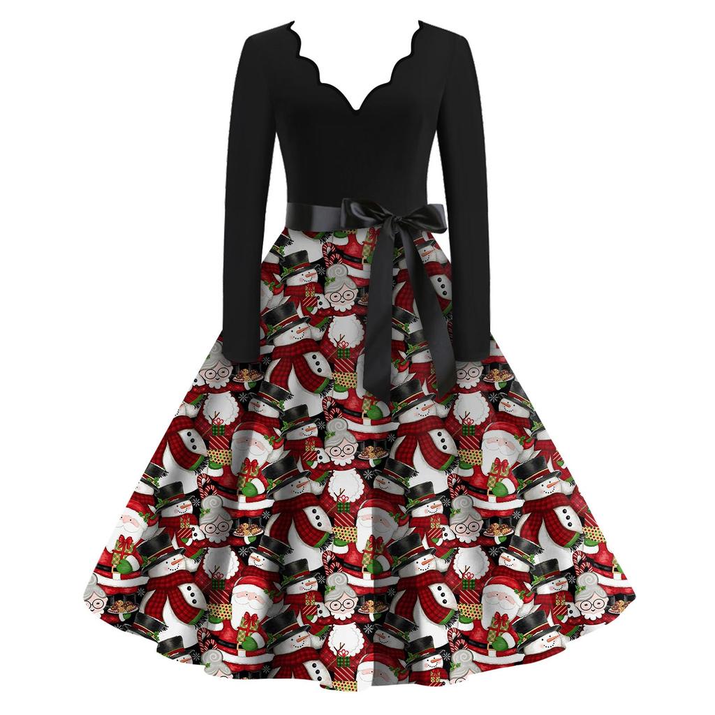 Женские модные повседневные тонкие рождественские платья с длинным рукавом с v-образным вырезом и принтом