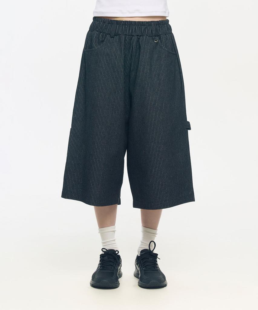 SLOW RECORD HOUSE Carpenter Bermuda Stripe Wide Denim Pants_Black