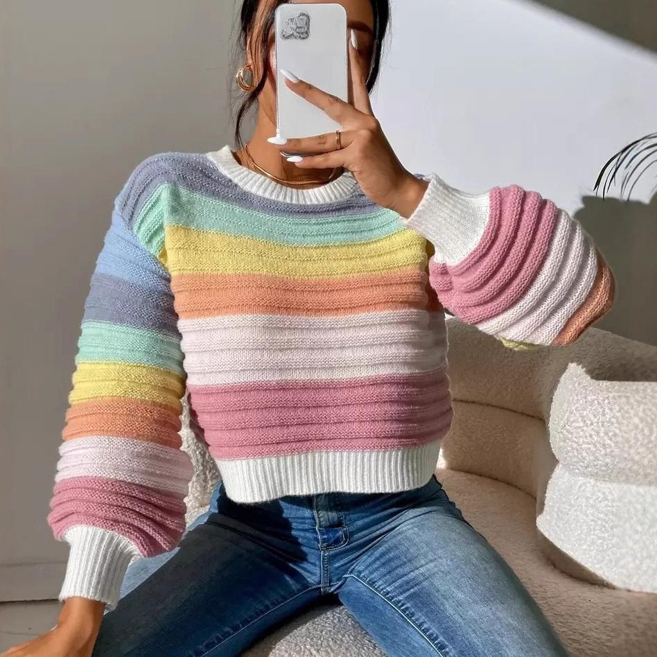 Autumn Winter Rainbow Stripes Knitted Sweaters Lantern Sleeve Loose Jumper Crop Tops Women Sweater Pullover Ladies Casual Shirts