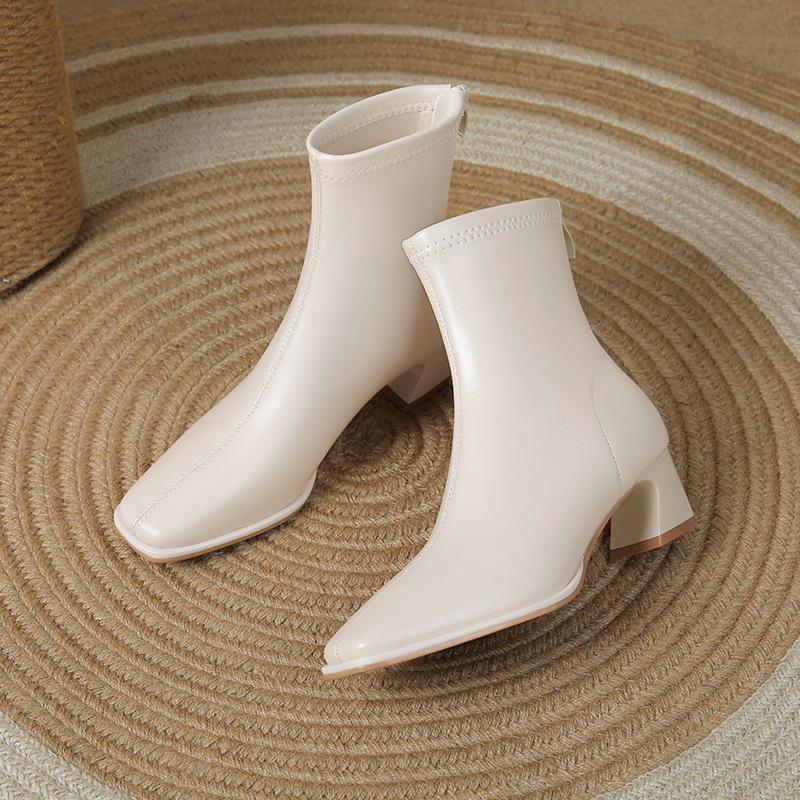 Французские ботильоны на толстом каблуке, женские осенне-зимние новые, для通勤, на молнии, эластичные, с квадратным носком, модные, универсальные, средней высоты, тонкие ботинки
