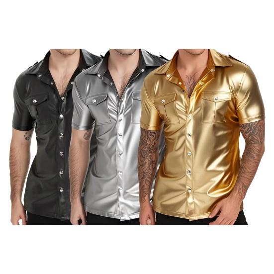 Мужская металлизированная рубашка на пуговицах с коротким рукавом и лацканами, облегающий сценический костюм для ночного клуба, вечеринок, баров, клубов