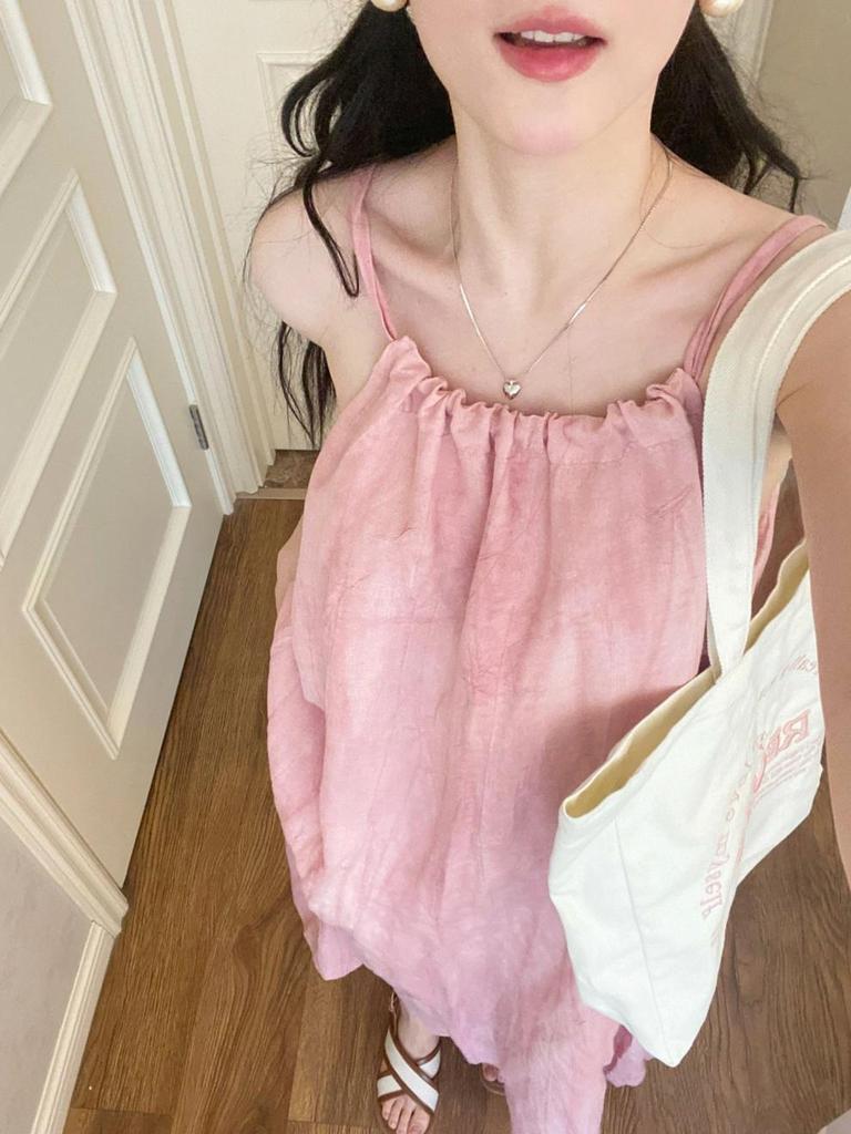 Льняное платье на подтяжках, свободное и тонкое, однотонное, большая юбка-солнце, плиссированная, без рукавов, с вырезом на плече, длинная юбка, юбка А-образного силуэта