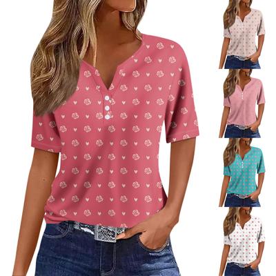 Женская повседневная футболка с v-образным вырезом и коротким рукавом с цветочным принтом и декоративными пуговицами, топ
