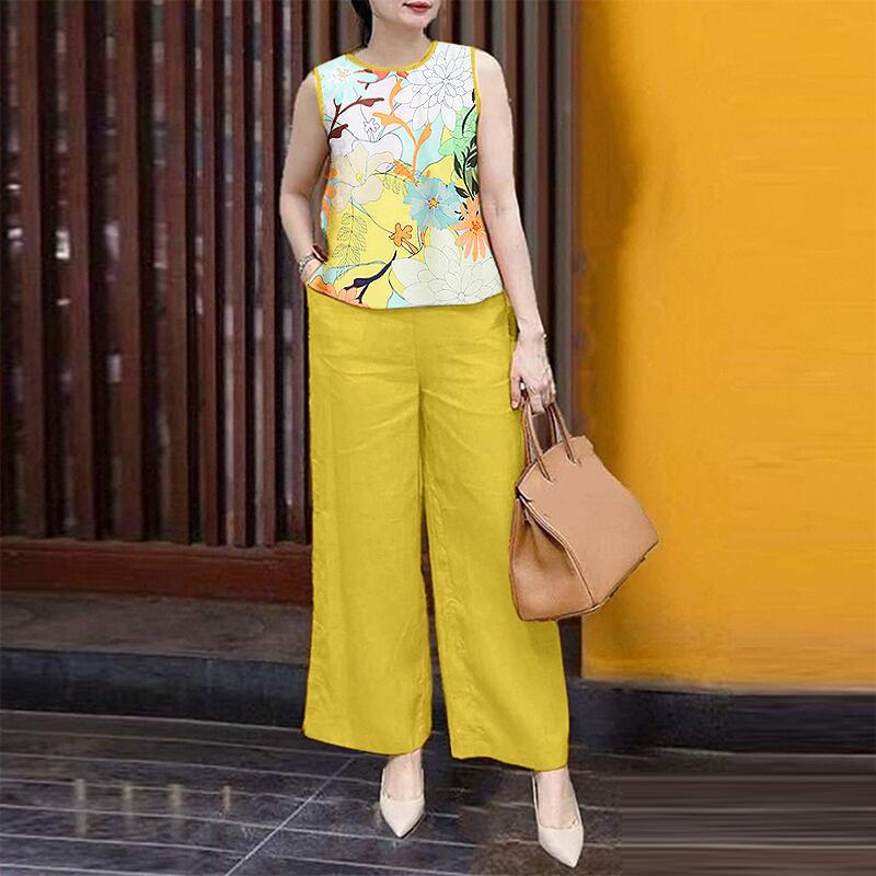 ZANZEA Women Sleeveless Print Tank Tops and Pants Summer Two Piece Suit Sets