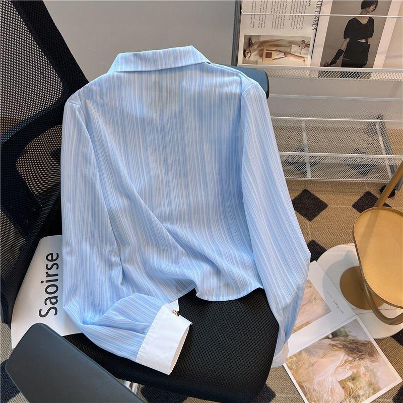 Blue Stripe Women Shirt New French Ladies Blouse Thin Korean Small Fragrance Top Elegant Loose Long Sleeved Blusas