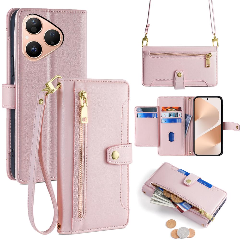 For Huawei Pura 80 Leather Case Zipper Pocket Wallet Phone Cover with 2 Straps