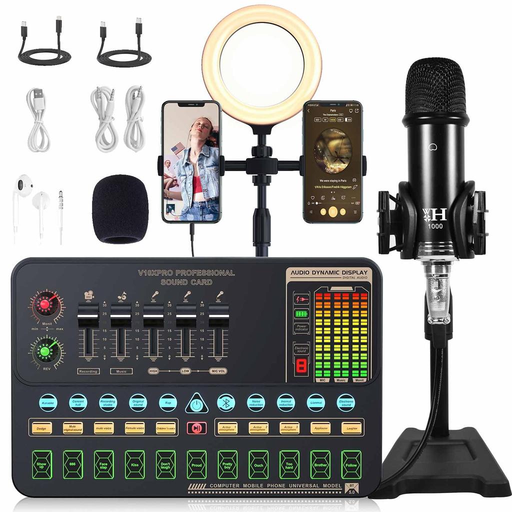 Audio Mixer Streaming Equipment Set with Audio USB Condenser LED Ring Voice and PC and Smartphone Compatible Interface, Microphone, Light, Changer,