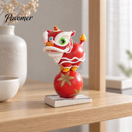 Lunar New Year Gift Chinese Style Lion Dance Figurine, Resin Traditional Dancing Statue, Housewarming Idea Cute Desktop Ornament for Home Office,