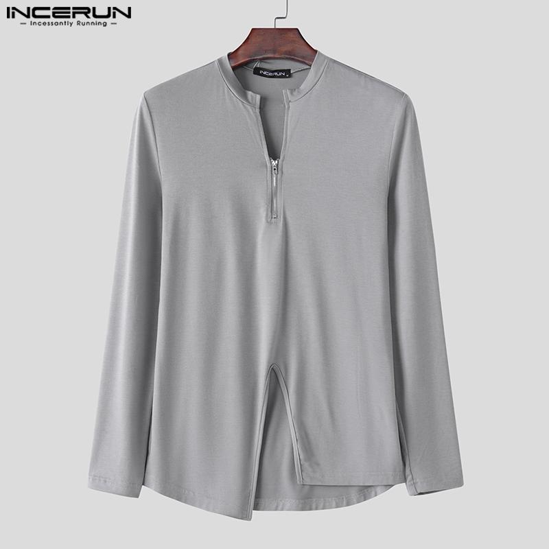 INCERUN Мужские футболки с длинным рукавом и застежкой-молнией, асимметричные, с разрезами, топы