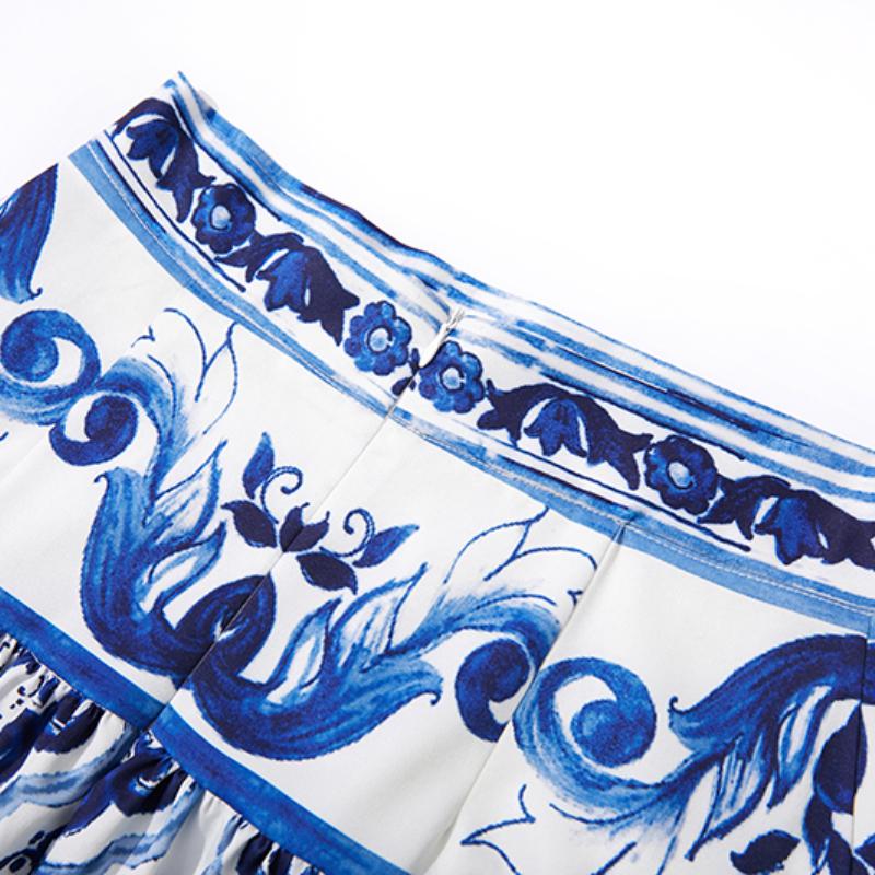 Элегантный комплект из двух предметов с фарфоровым узором, женский короткий укороченный топ с цветочным принтом, плиссированные макси-юбки, костюмы, женские лоскутные винтажные комплекты с ремешками, 2024