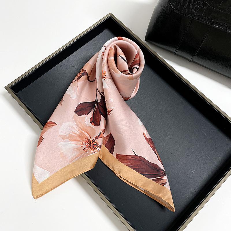 Fresh and literary magnolia flower satin square scarf versatile temperament small silk scarf women's spring and summer new models with small heads