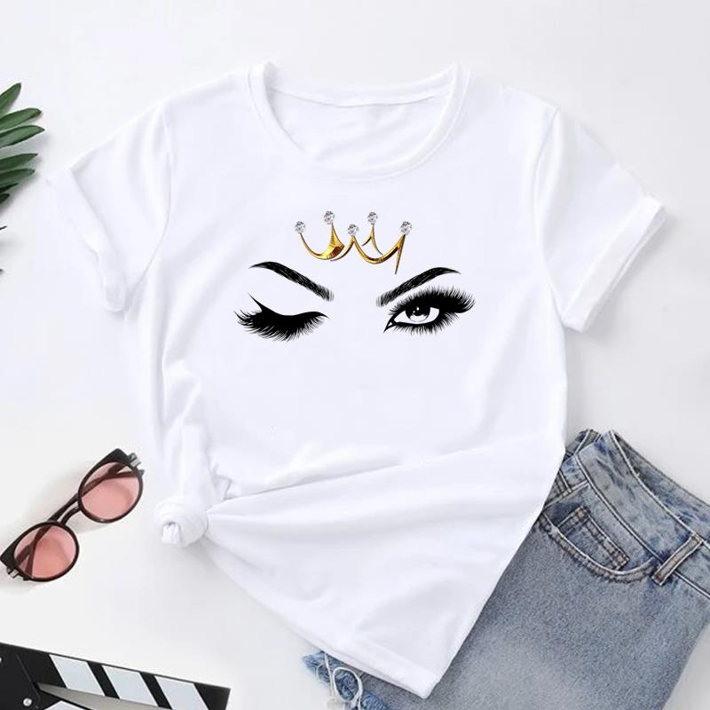 (Asian Size) Women Print Tee Top Fashion Eye Lashes Style Cute Trend 90s T Shirt Woman Female Clothing Short Sleeve Graphic T-shirts