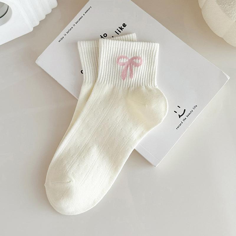 Women's Autumn/Winter Short Socks - Cute Japanese Style with Pink Flowers, Polka Dots & Bow, White Versatile Design