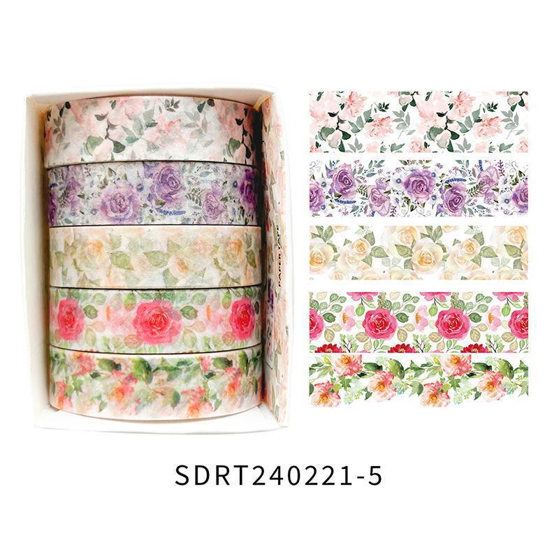 5rolls/pack Spring Flowers Romantic Series Washi Tapes Multi Color Floral Pattern Decorative Skinny Blooms Masking Tapes