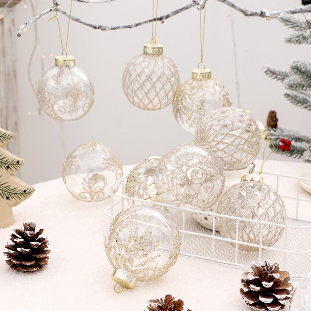 9pcs Christmas Ornament Transparent Painted Christmas Ball Gift Box Multi-Design Festive Holiday Christmas Tree Decorating