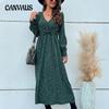 Spring and Autumn Women's Dress Fashion Green Long Sleeve Leopard Long Dresses