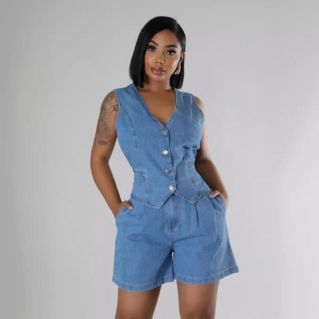 IHUASU Summer Fashion Casual Sleeveless High-waisted Women's Suit Denim Shorts