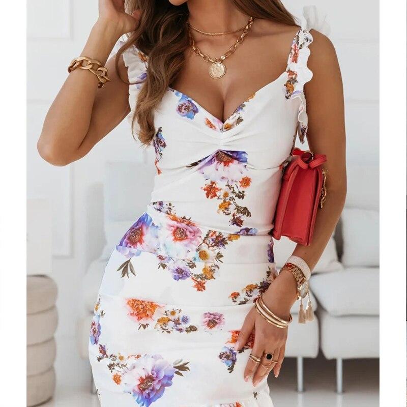 Summer Ruffle Party Dress Fashion Square Collar Sleeveless V-neck Floral Dress Mini Dress For Women Vestidos Elegant 21391