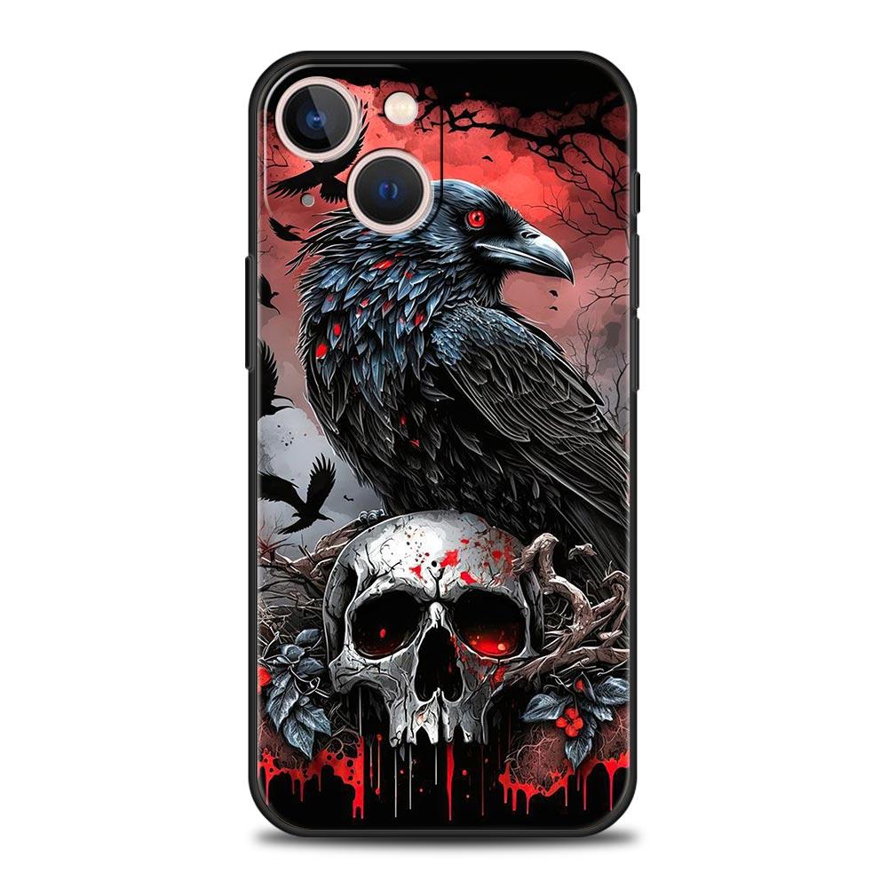 Raven Crow Skull Pattern Phone Case For iPhone 17 16 15 Pro Max 11 12 13 14 7 8 Plus SE 2020 X XR XS Cover Soft Black