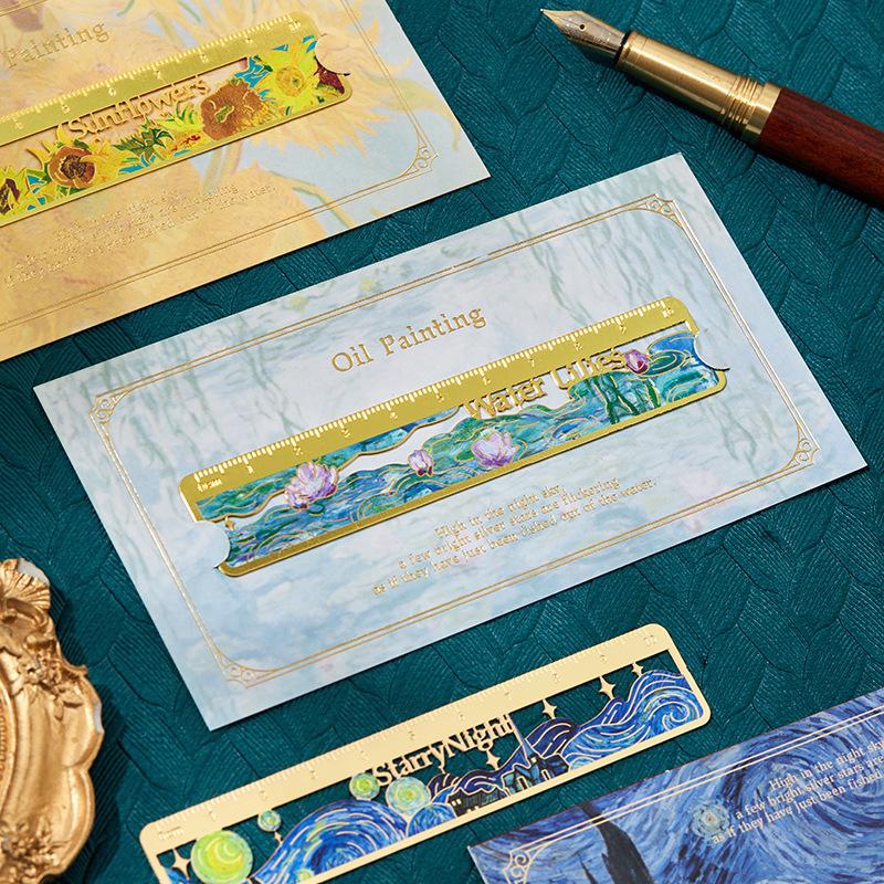 1 pcs Creative Oil Painting Bookmarks Floral Mountains Landscape Bookmarks for Kids metal Scrapbook Ruler Cute Student Supplies